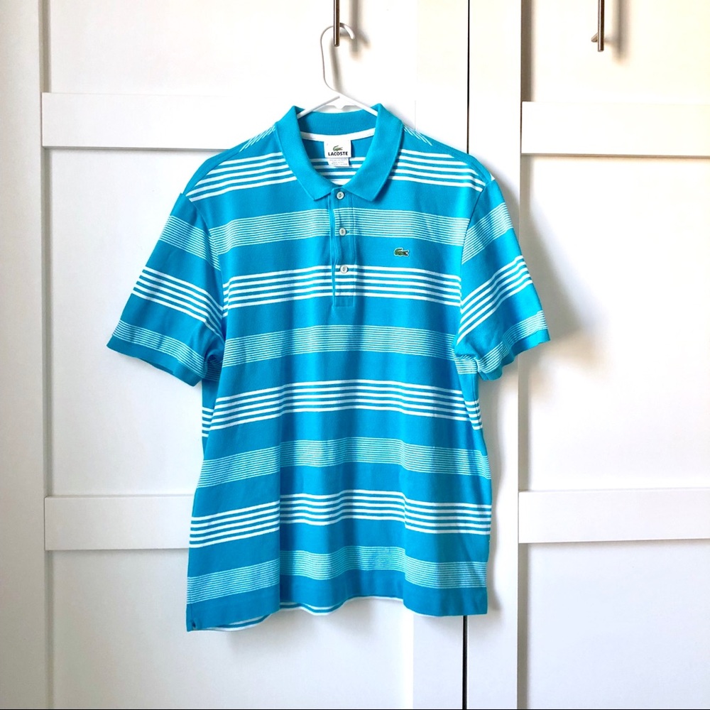 Striped sky blue and white Lacoste polo